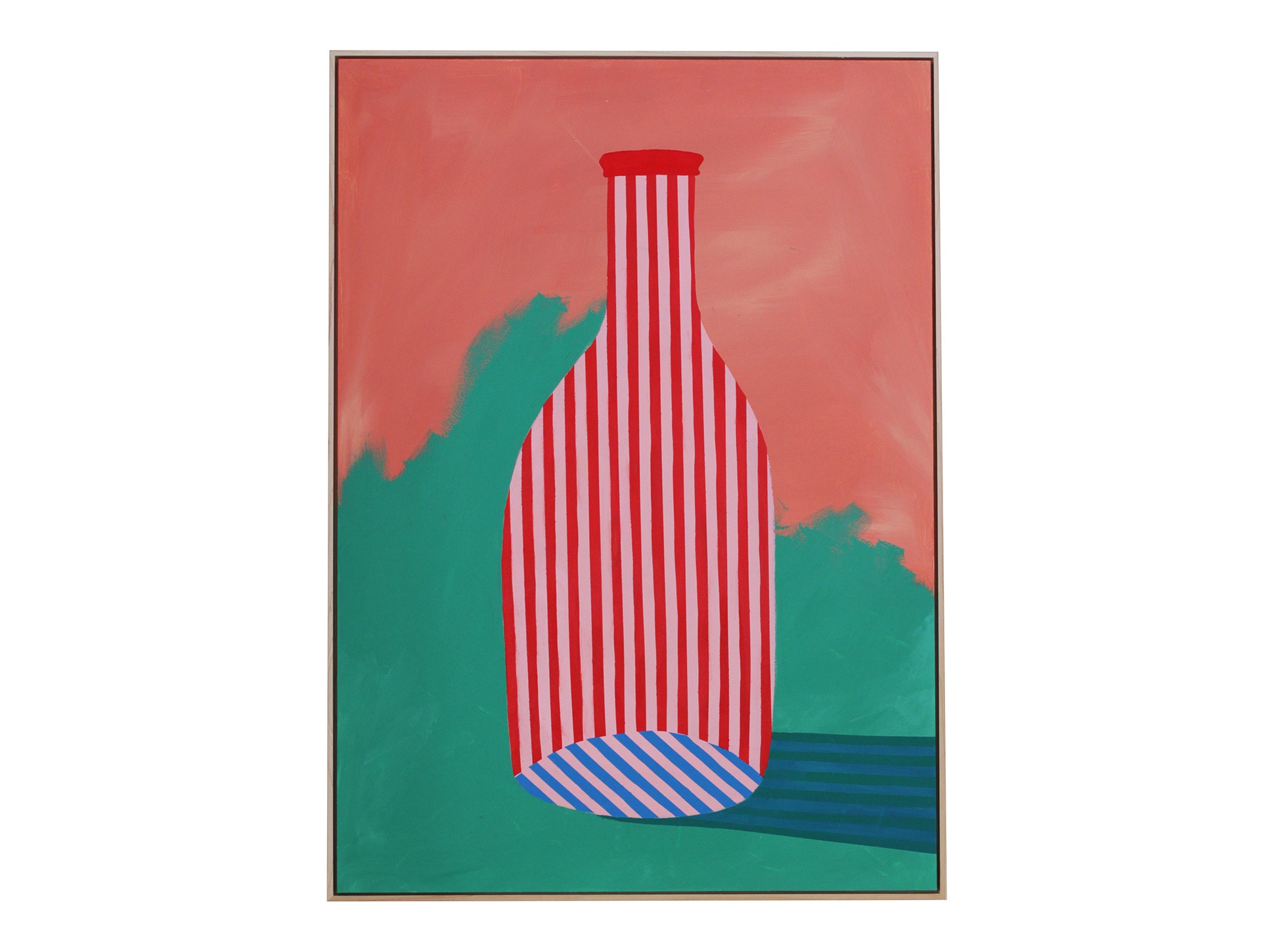 Schilderij, stilleven fles 2. Groen en roze.